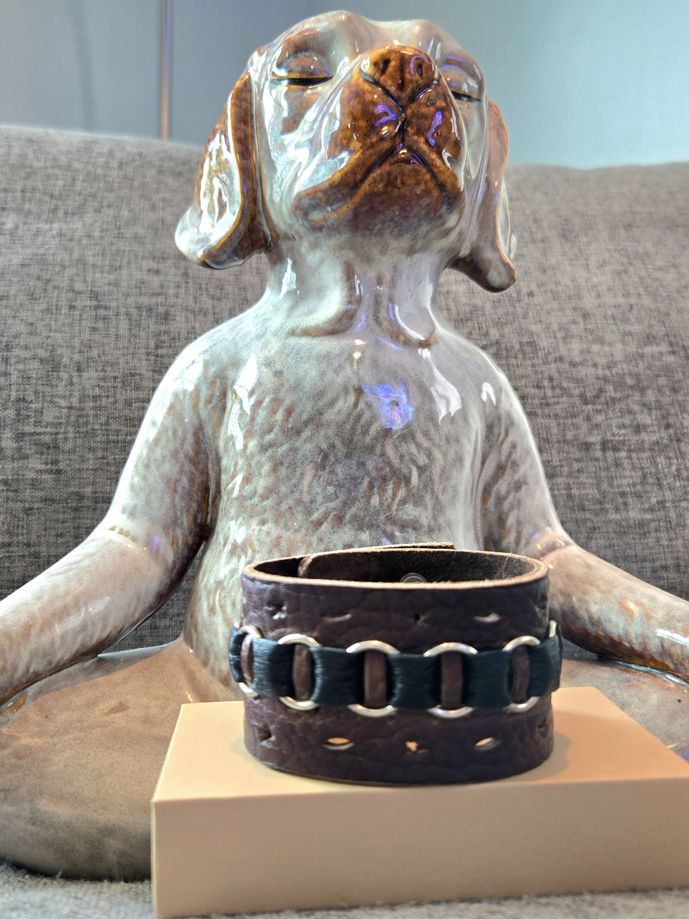 Brown Leather O-Ring Wide Cuff Bracelet Snap Closure